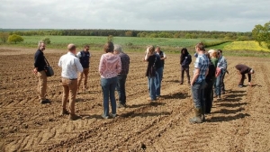 Participants in the north of England agroforestry living lab discussing integration of trees into arable systems at the kick-off event in May 2023