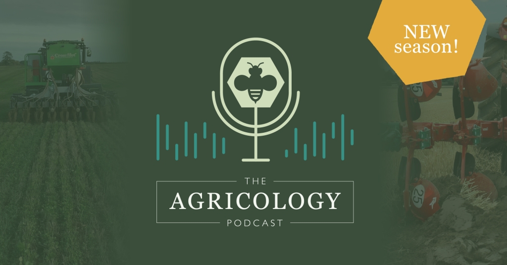 Promo image for the podcast season with images of tillage in the background and the text 'The Agricology podcast' and 'New Season'