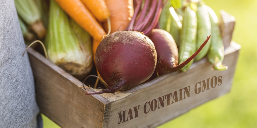 Crate of vegetables with the text 'May contain GMOs' on the side