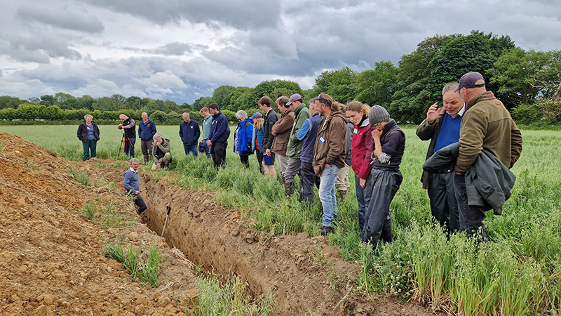 Group of people standing in a field by a soil pit with a man standing in the pit