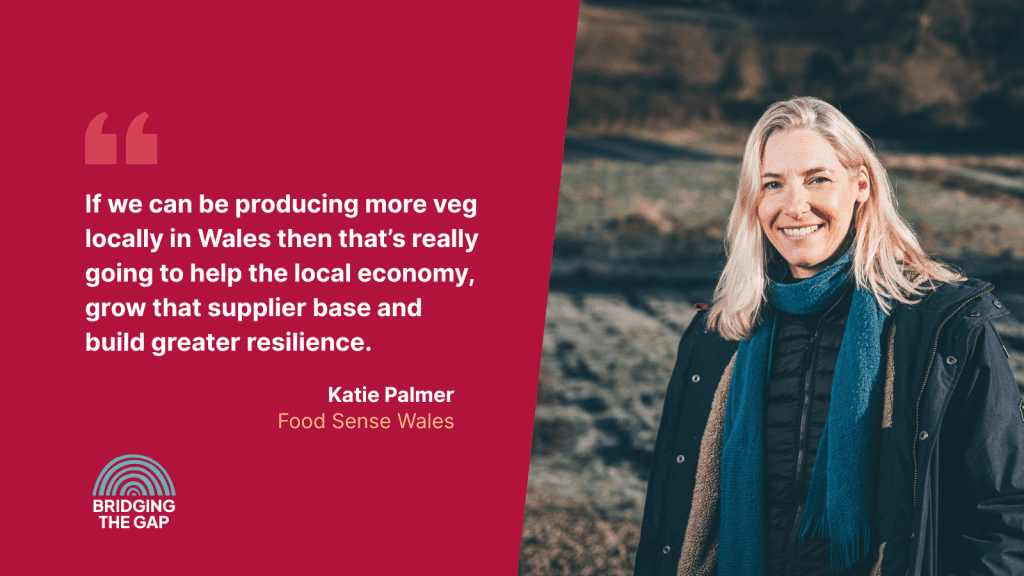 Photo of Katie Palmer, Food Sense Wales, alongside quote "If we can be producing more veg locally in Wales then that's really going to help the local economy, grow that supplier base and build greater resilience."