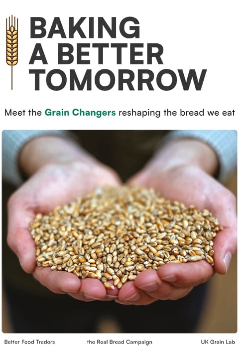 Cover of 'Baking a better tomorrow' with photo of cupped hand holding grain