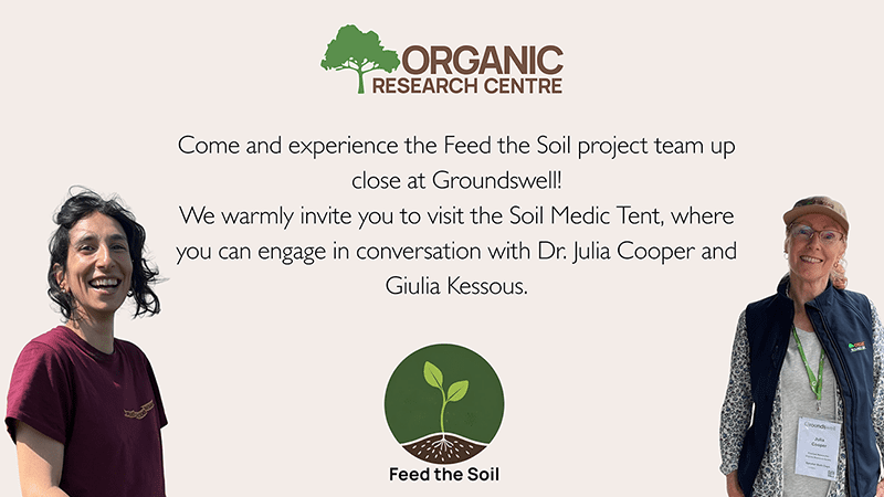 Poster for Feed the Soil at Groundswell with photos of Guilia and Julia and Feed the Soil logo