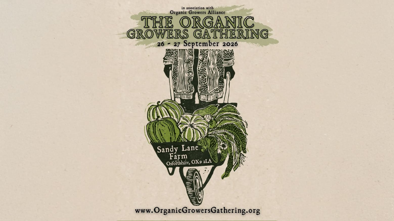 Promo image for the Organic Growers Gathering showing sketch of wheelbarrow piled high with produce