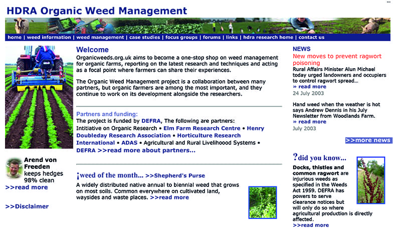 Screengrab of HDRA weeds website in 2003