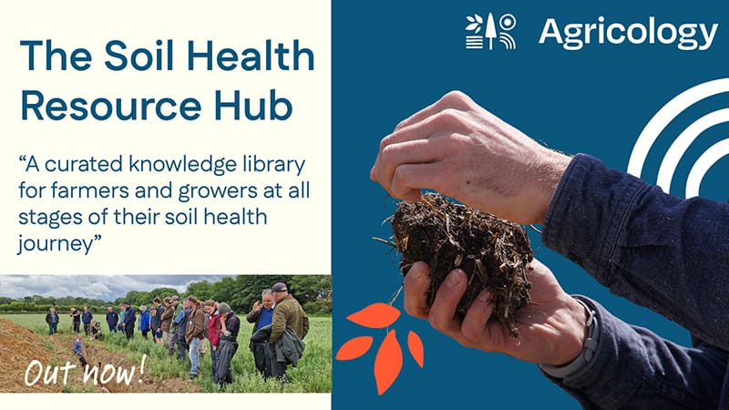 promo image with healthy soil in hte hand plus a picture of people standing around a soil pit.